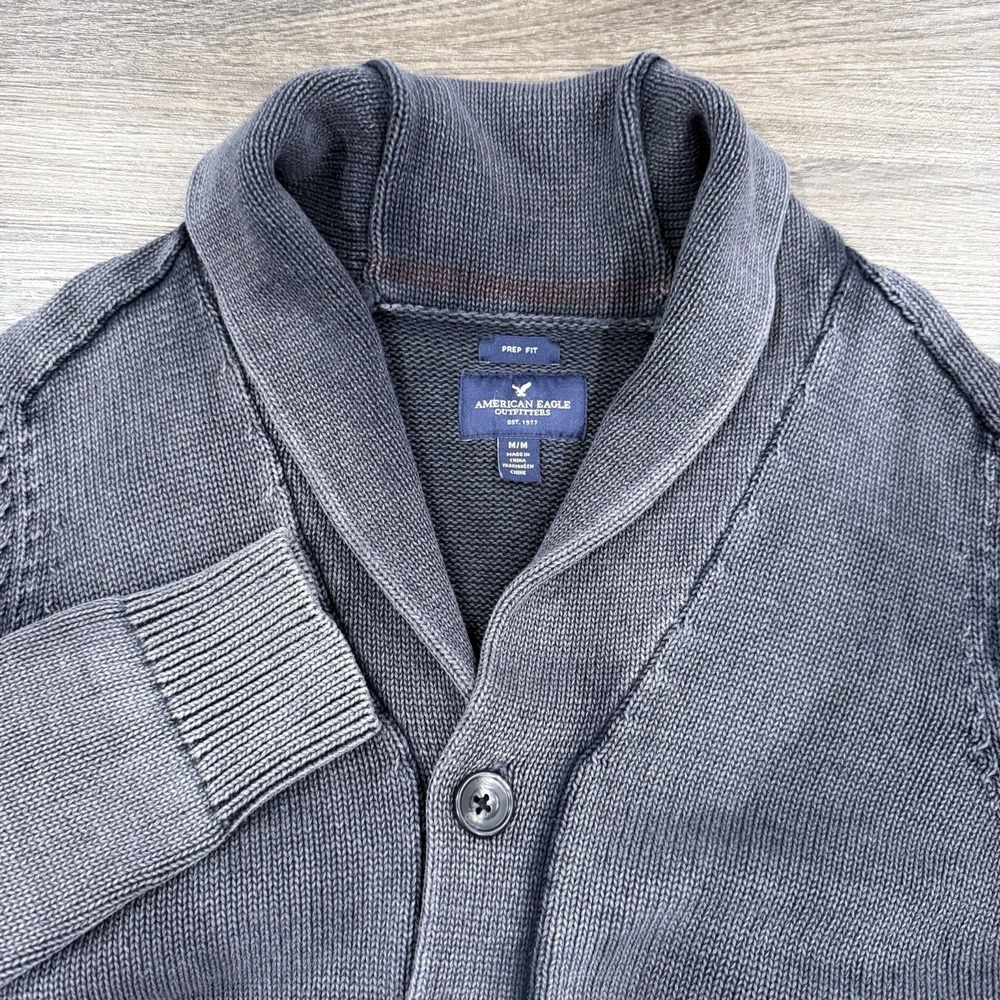 American Eagle Cardigan Sweater M Faded Gray Chunky Knit Preppy Grandpa Academia